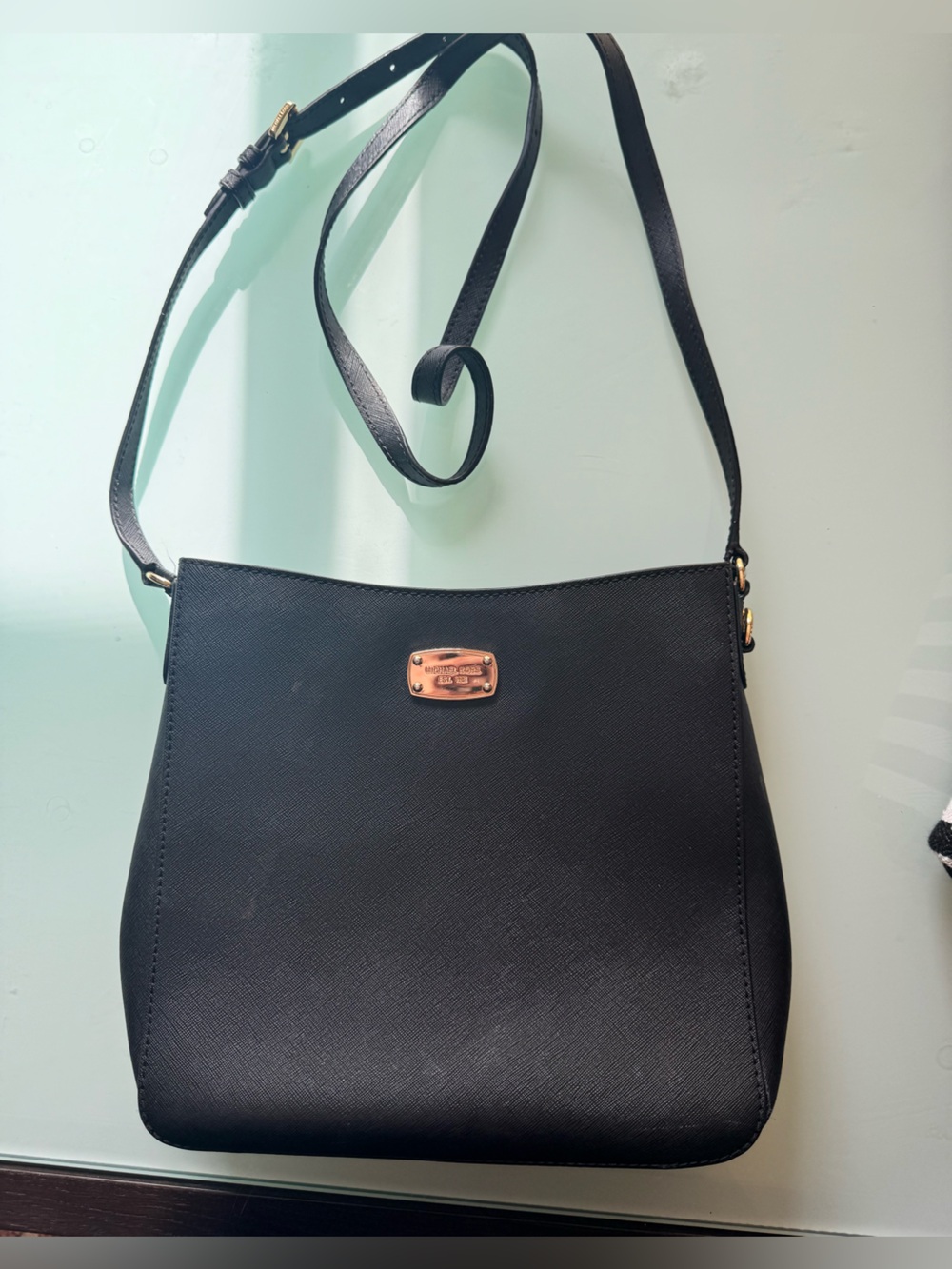 Michael Kors Black Crossbody Leather Bag with Gold Plaque